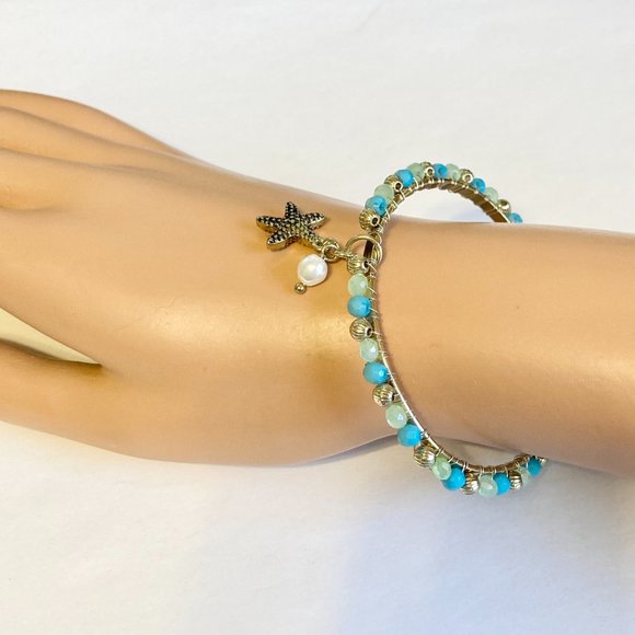 Aqua Bead Pearl Starfish Bangle Bracelet Gold Tone Plated Freshwater Sea Life - Picture 4 of 12